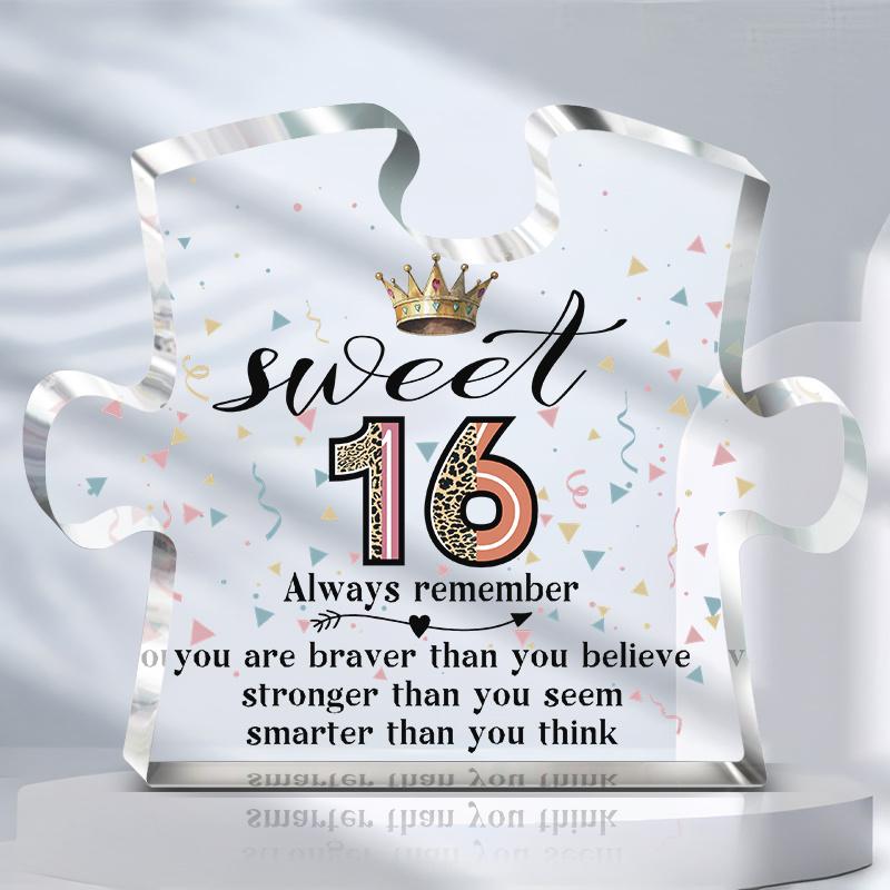 2D Flat, Sweet 16th Birthday Gift Puzzle-Shaped Acrylic Desktop Decor Plaque, Colorful Confetti & Balloons Design, Home Decor Plaque Hanging Wall Art 10*8CM