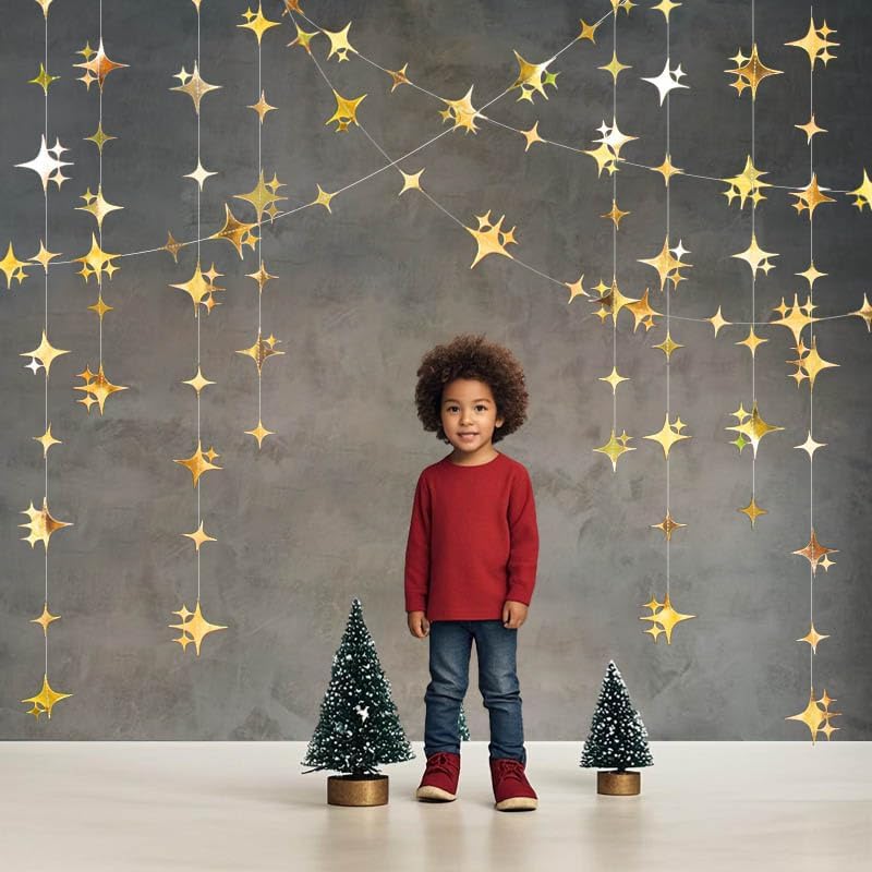 Glitter Gold Four-Angle Star Paper Garland Banner Décor 40 Feet Gold Twinkle Star Hanging Bunting Banner Backdrop for Wedding Baby Shower Birthday