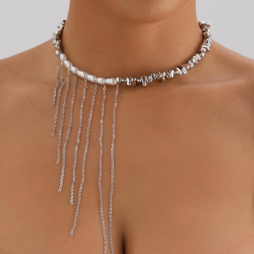 Vintage Cubic Zirconia Crystal Heart Pendant Geometric Crystal Imitation & Pearl Chain Necklace for Women Choker Jewelry N0499