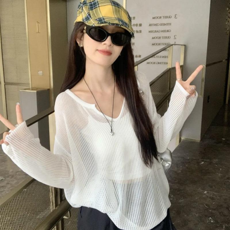 Women's Summer Sheer Knit Long Sleeve Top V Neck Oversized Casual Tee