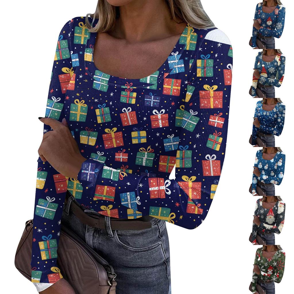 Damenmode Slim Bottom Casual Langarm Weihnachten bedruckt Pullover U-Ausschnitt Top