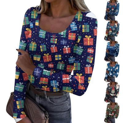Women's Fashion Slim Bottom Casual Long Sleeve Christmas Printed Pullover U Neck Top