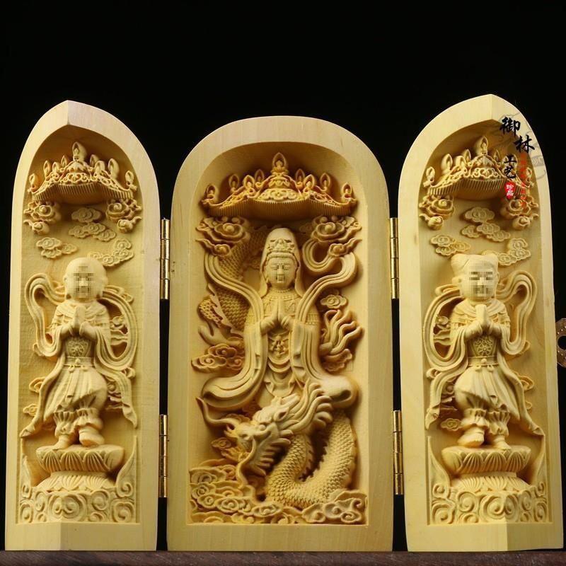 Boxwood Western Tři svatí Buddha Guanyin Masivní dřevo Přenosná třípanelová řezbovaná ozdoba
