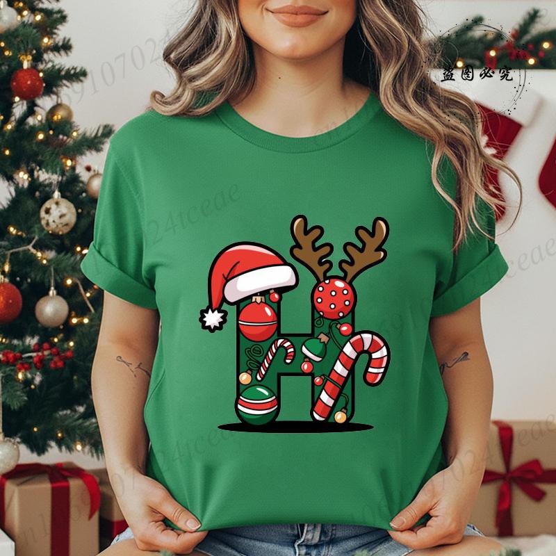 Fashion Printed T Shirt Festive Christmas Alphabet Letter with Santa Hat Women T Shirt Short Sleeves Crew Neck Female Clothes