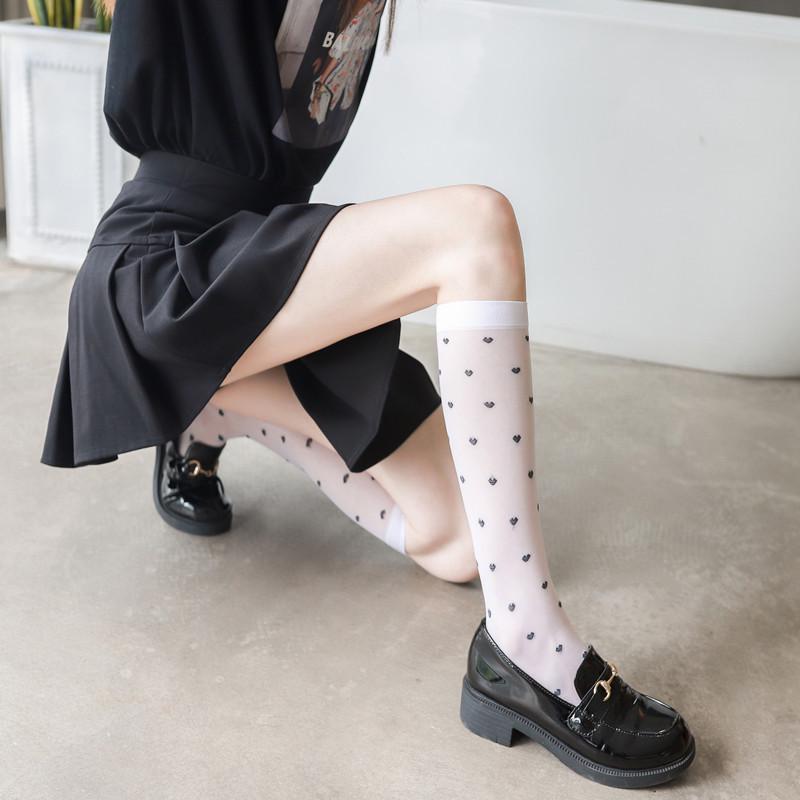 Love Heart Mid-Calf Socks - White & Black Trendy JK Style, Sheer Flesh-Colored with Peach Heart Design.