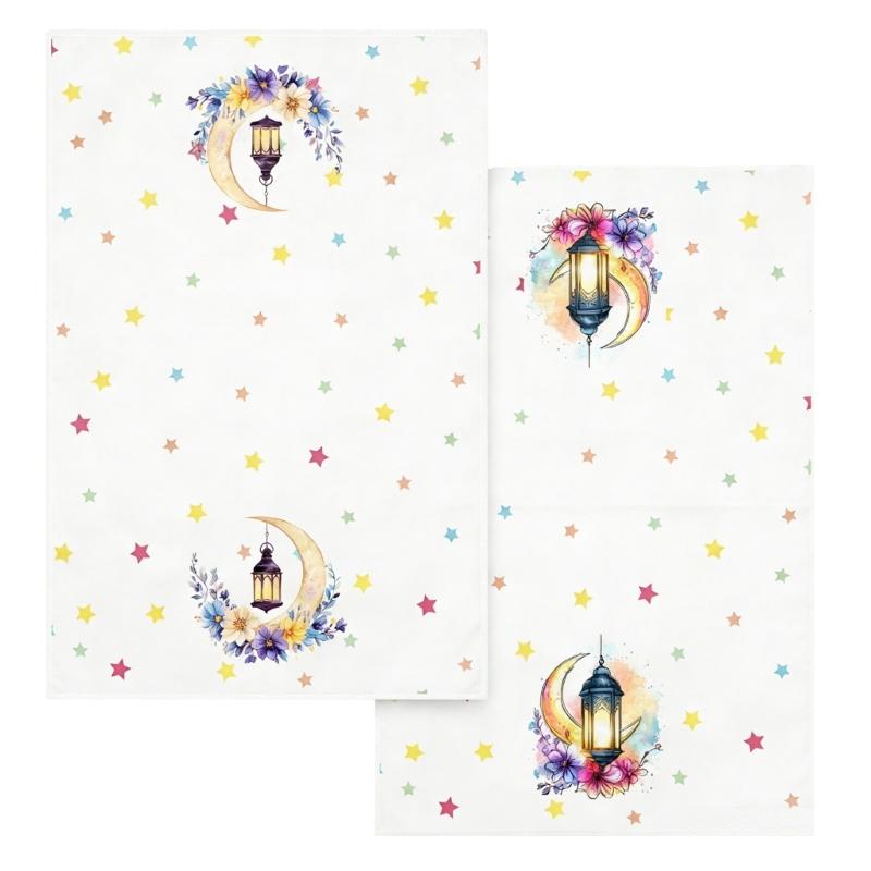 2Pcs Microfiber Dish Towels Eid Ramadans Moon Flower Watercolor Pattern Absorbent Kitchen Cloths for Efficient Cleaning 1