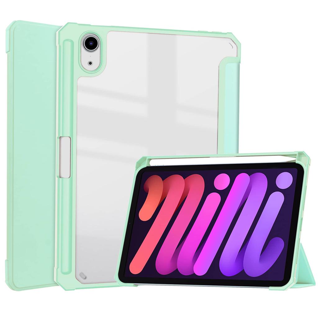 For iPad Mini 7 6 8.3'' with Pencil Holder-[Tri-fold Stand + Auto Wake/Sleep], High-grade Acrylic Case Transparent Back Cover