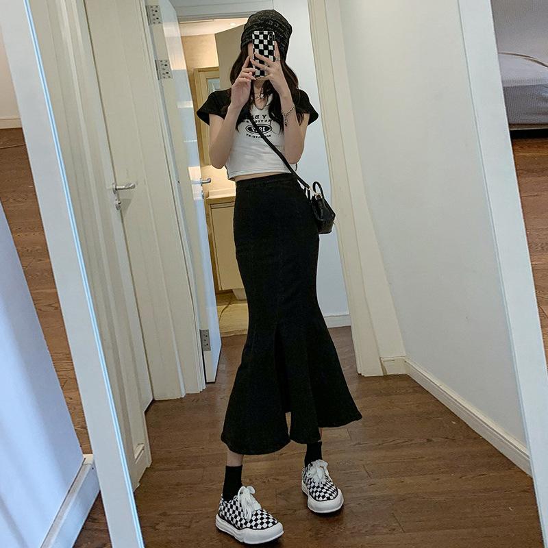 Elegant Woman Large Size Fishtail Skirt Thin Summer High Waist Ruffled Open Fork Package Hip Female Versatile Comfortable Fashion Denim Bustier Skirt