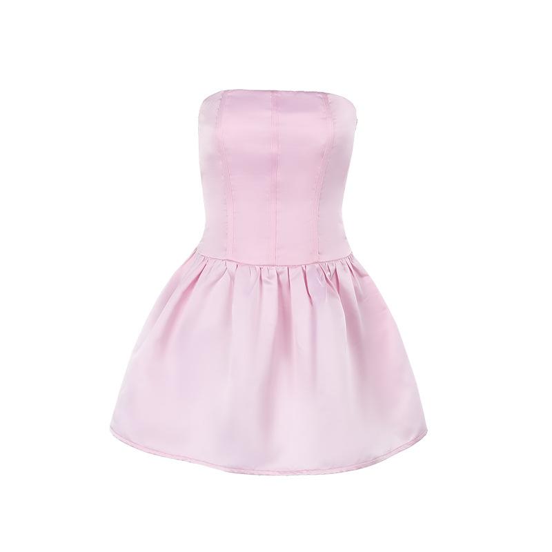 Herbst Damen Kleid Socialite Stil Sexy Schlank Satin Trägerlosen A-Swing Kleid