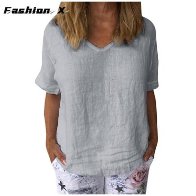 Women's Short-sleeved Cotton Linen T-shirt Fabric Loose Casual Solid Color Tops