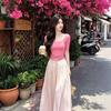 New Korean Sweet Style Pink Medium-sleeved Top Women's Summer New Lazy Style Versatile Culottes Suit Trendy
