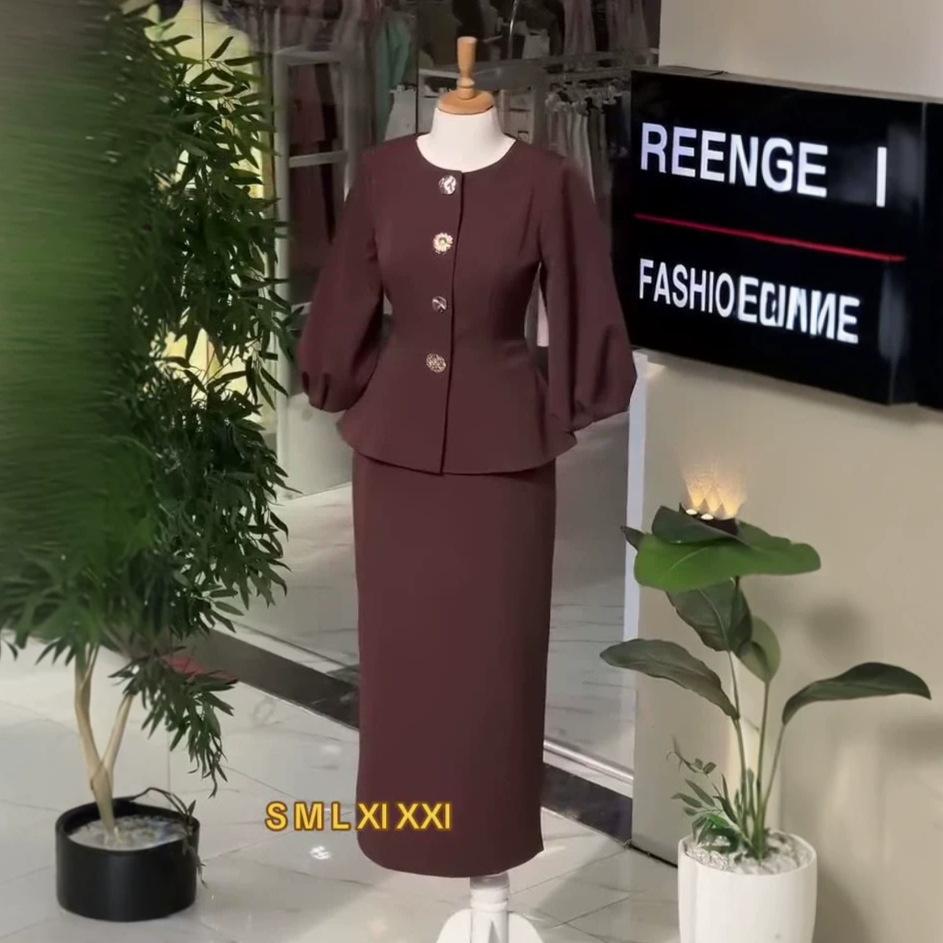 Spring and Autumn New European and American Amazon Cross-border Round Neck Long-sleeved Suit Top Hip Skirt Suit