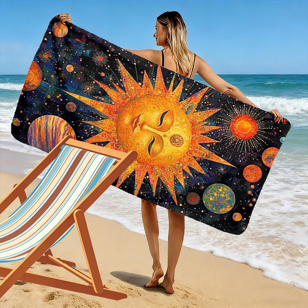 Solar System Art Sun Face Design Beach Towel Quick-drying for Travel Outdoor Sports Jogging Beach and Swimming