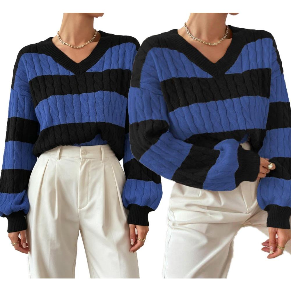 New Autumn/Winter Relaxed-Style Knitwear: Loose-Fitting, Fashionable Women’s V-neck Retro Colour-Blocked Striped Jumper