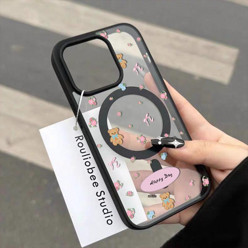 

Floral Bear iPhone 17 Pro Max Magnetic Case - Frosted Soft Edge, Transparent Design, Compatible with Older Models iPhone 15