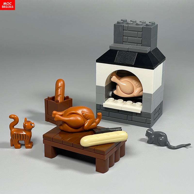 MOC Mattoncini Forno Cucina Pollo arrosto Cibo Pizza Cottura Panino ripieno al vapore Blocchi da costruzione Città Amici Giocattoli fai-da-te per Bambini