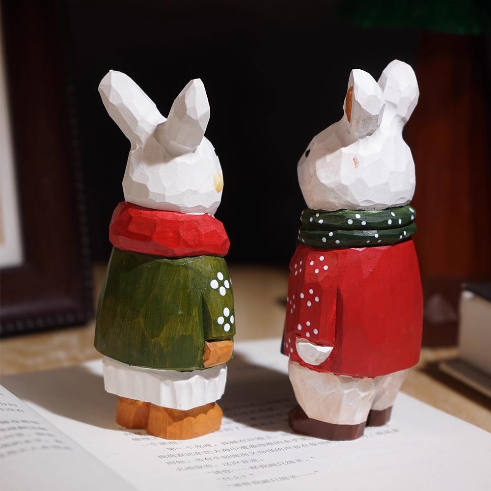 Christmas White Rabbit Figurine Room Decor Handcrafted Wood Carving Home Decorations Desk Accessories Room Wooden Rabbit Statue