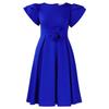 Women Elegant Flower Decoration Solid Color High Waist Short Sleeve Round Neck A Line Midi Dress