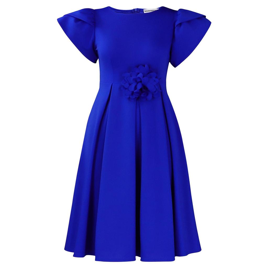 Women Elegant Flower Decoration Solid Color High Waist Short Sleeve Round Neck A Line Midi Dress