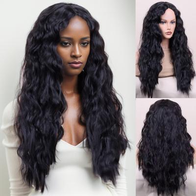 Women's Synthetic Fiber Black Long Curly Wig Daily Use Natural Looking Front Lace Heat Resistant Wigs for African Women