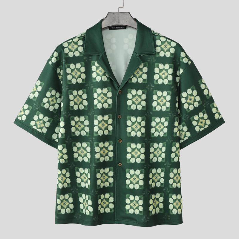 INCERUN Men Lapel Neck Short Sleeve Floral Print Buttons Down Casual Oversized Shirts