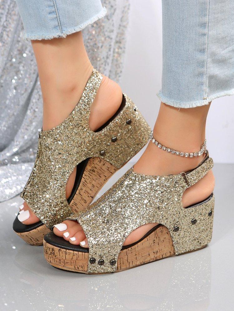 Roman Sandals Women Sequins Flat Slope Heel Thick Bottom Sandals Ladies