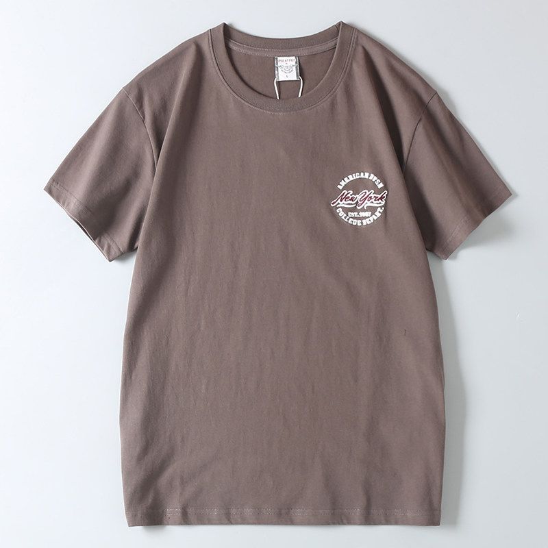 Foreign Trade Surplus Cotton Washed Carbon Brushed Summer Men's Sports Casual Round Neck Solid Color Embroidered Short-Sleeve T-Shirt