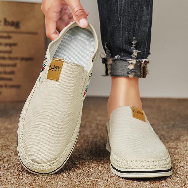 Corduroy Semi-Drag Men Casual Shoes Half Shoes For Men Mules Slipper Outdoor Sandals Summer Backless Board Shoes Flat Man Slides