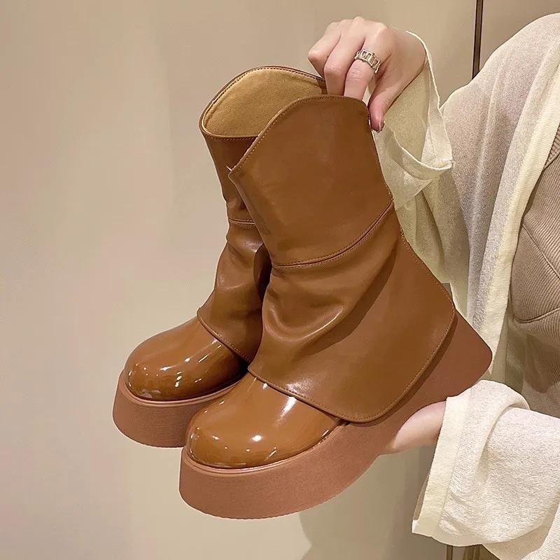 Womens Round Toe Platform Knee Thigh Boots Chunky High Heel Wide Tube Pull On Shoes Retro Chelsea Western New  Winter