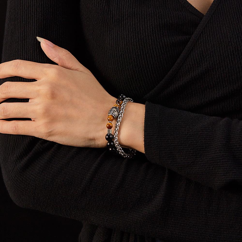 Retro High -End Stainless Steel Double -Layered Black Onyx Tiger Eye Stone Men 'S And Women 'S Bracelets 