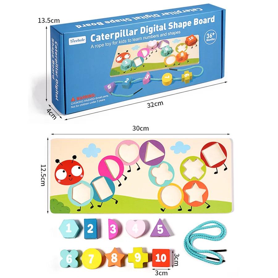 

Wooden Montessori Educational Toys for Children Color Numbers Shape Learning Game Wooden Caterpillar Block Threading Board Game