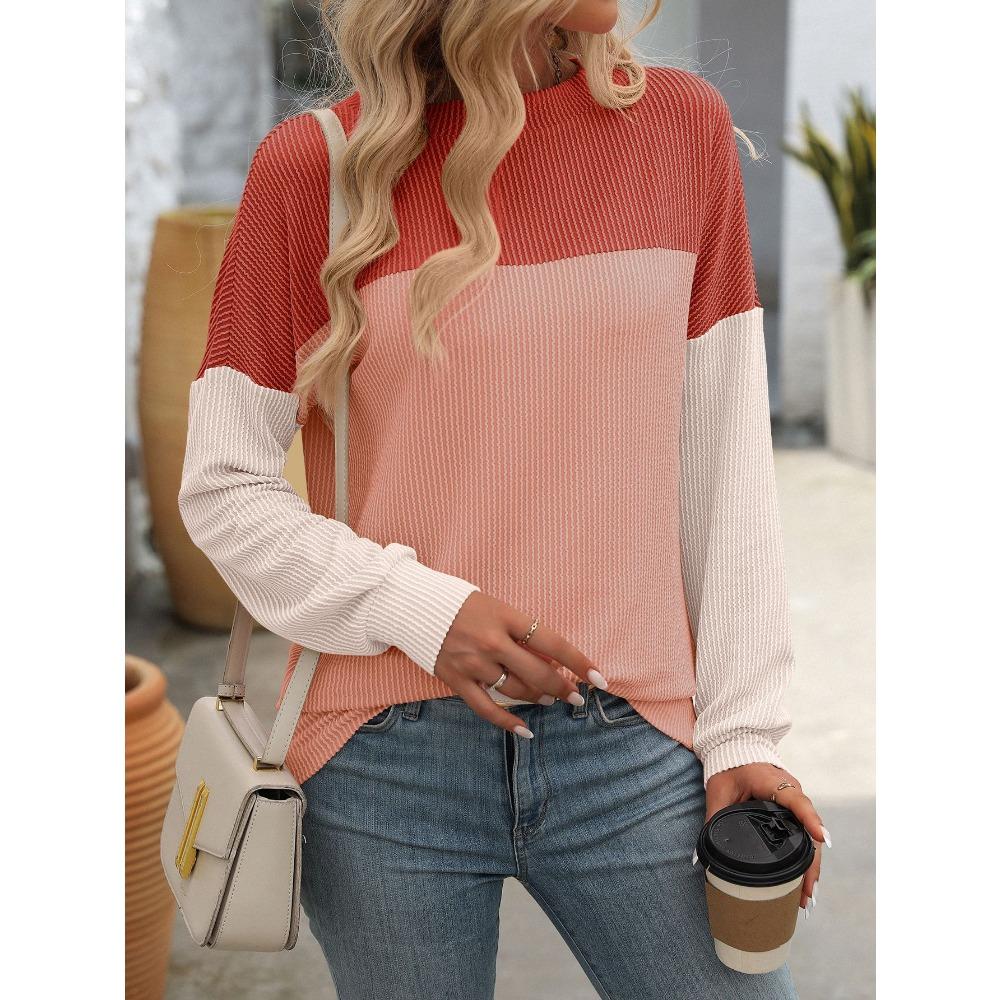 Spring and Autumn Round Neck Color blocked Long Sleeve Loose Women's T-shirts