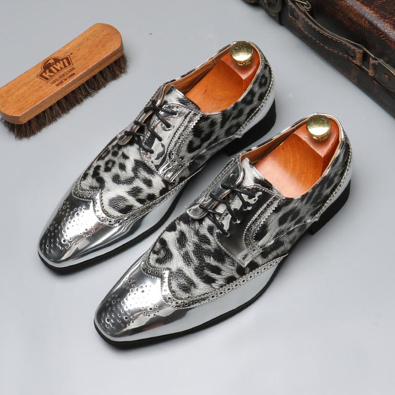 Luxury Shoes for Men Wedding Party Nightclub Leopard Patent Leather Patchwork Fashion Mens Brogue Derby Shoe Men Lace-up Flats