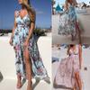 Womens Floral Summer Print Dress Ladies V Neck Split Holiday Beach Sundress