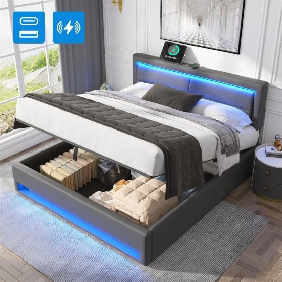 Gepolstertes Bett Großer Stauraum LED-Beleuchtung Stabiler Rahmen Robuste Doppelkonstruktion mit USB-Anschlüssen Modernes Holzlattenrost Funktional