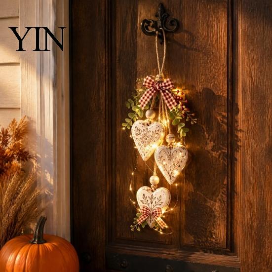 Wooden Bead Wall Hanging Heart-Shaped Decorative Ornaments with LED Light, Rustic Farmhouse Heart Pendant Decor Vintage Beads & Jute Rope for