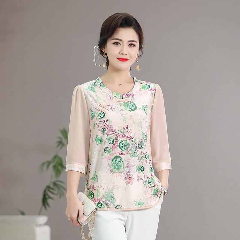 

2026 Stylish Chiffon Summer Top: Printed Seven-Sleeve Shirt for Middle-Aged and Elderly Women in New Chinese Style 3XL (120-135 jin)