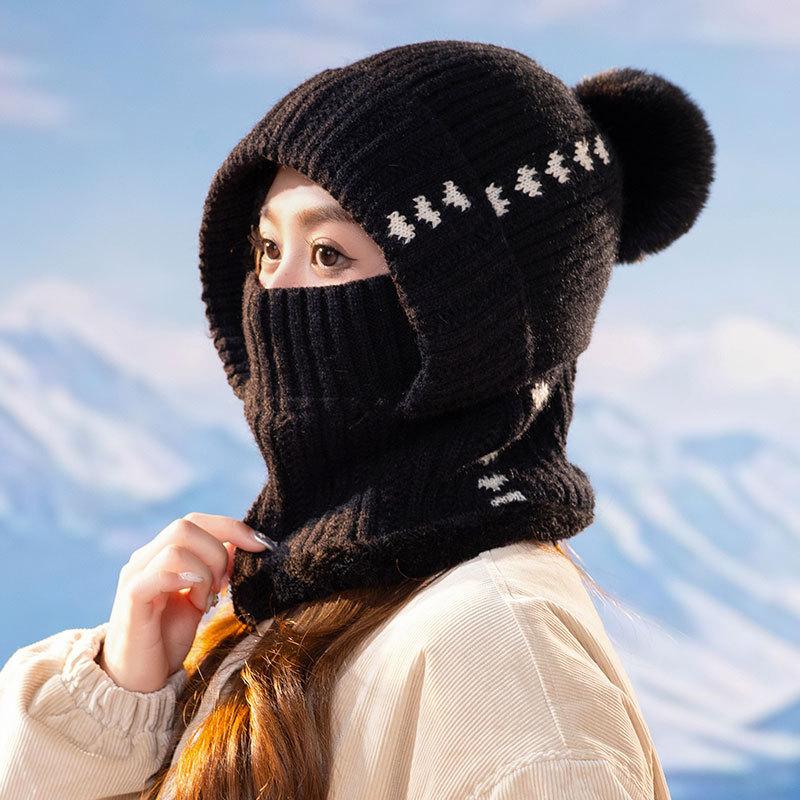 Fleece knitted warm hat women's outdoor cold scarf mask integrated hat winter cycling wool hat