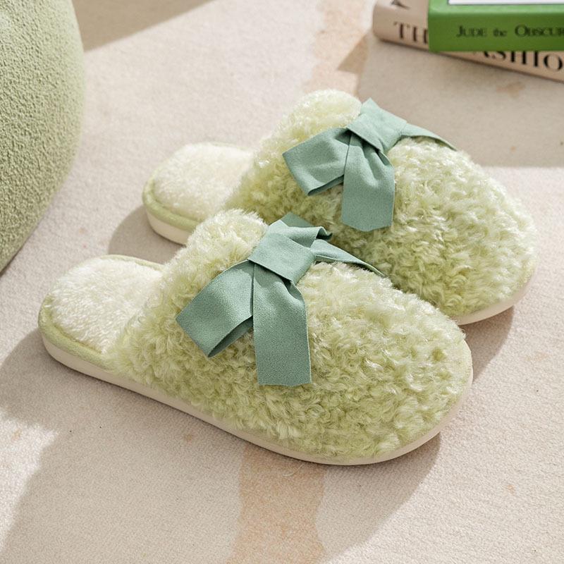 Women's Cozy Bowknot Cotton Slippers - Cute Couple Design, Soft Plush Sole for Autumn/Winter