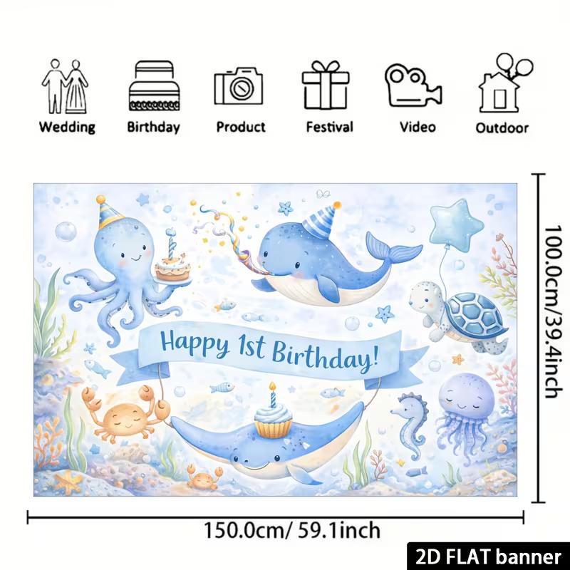 2D Watercolor Ocean Animals 1st Birthday Backdrop Underwater Party Supplies