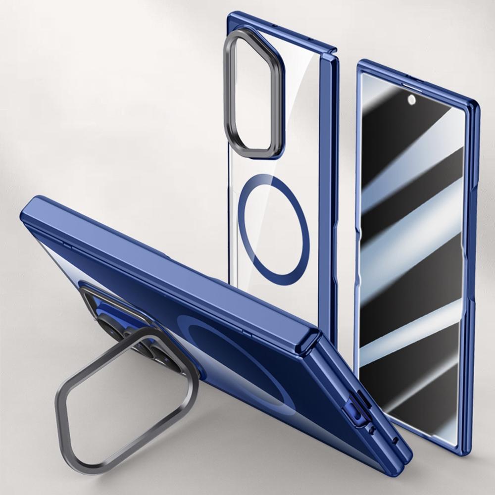 For Samsung Galaxy Z Fold7 5G Magnetic Case PC+Acrylic Phone Cover with Anti-Spy Screen Protector,Lens Kickstand