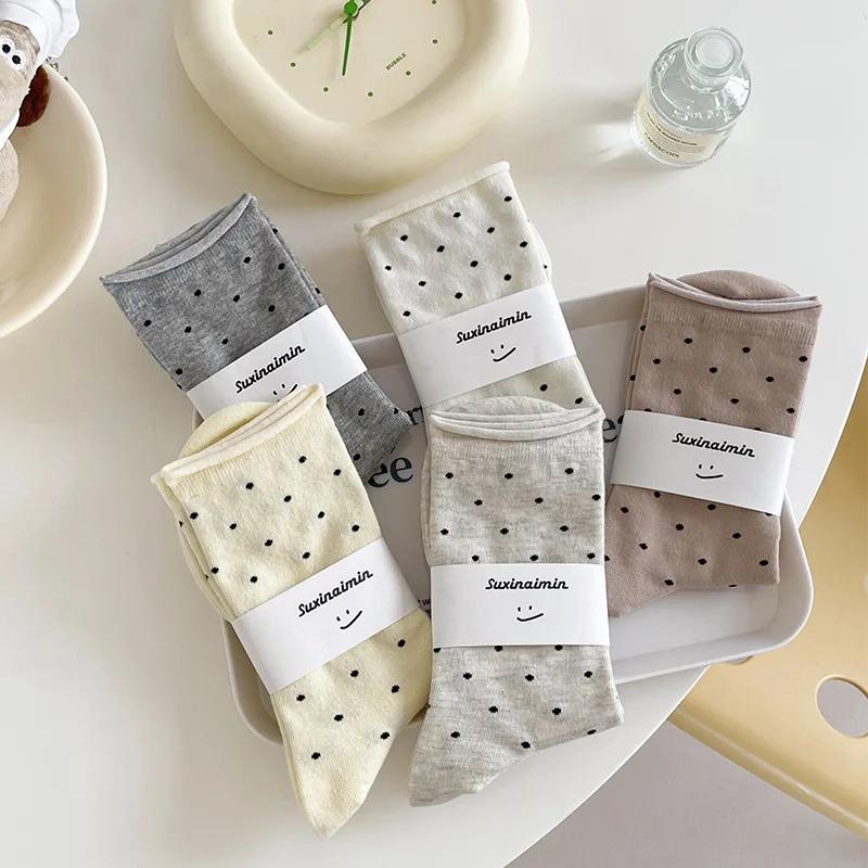 Cream Vintage Polka Dot Mid-Tube Rolled Edge Socks Thin Artistic Summer Socks 5 Pairs Women Spring Socks Korean Women Socks