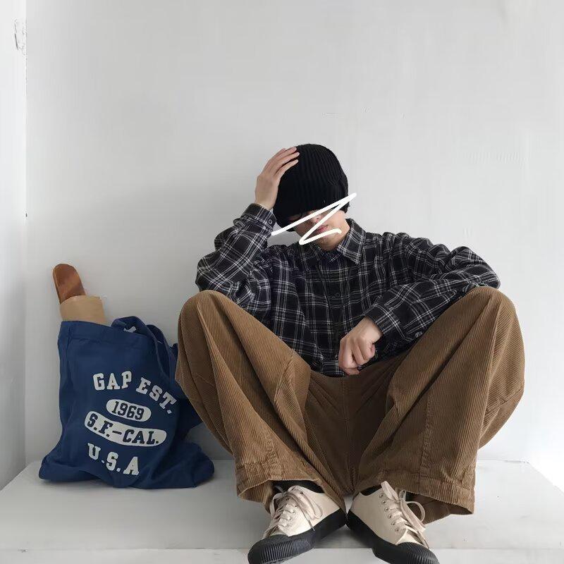 Spring Men's Retro Loose Plaid Hoodie Long Sleeve Shirt - Korean & Hong Kong Style