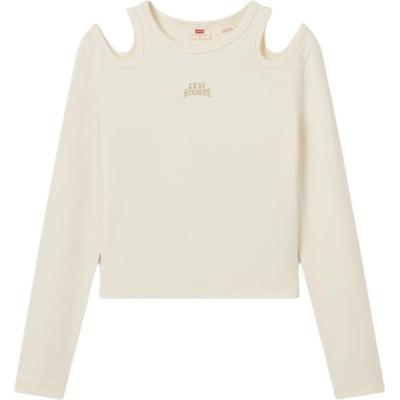 Levis Soft Slim Fit Casual Knit Off Shoulder Ribbed Round Neck Long Sleeve T-Shirt Women Tops Beige 002YO-0000
