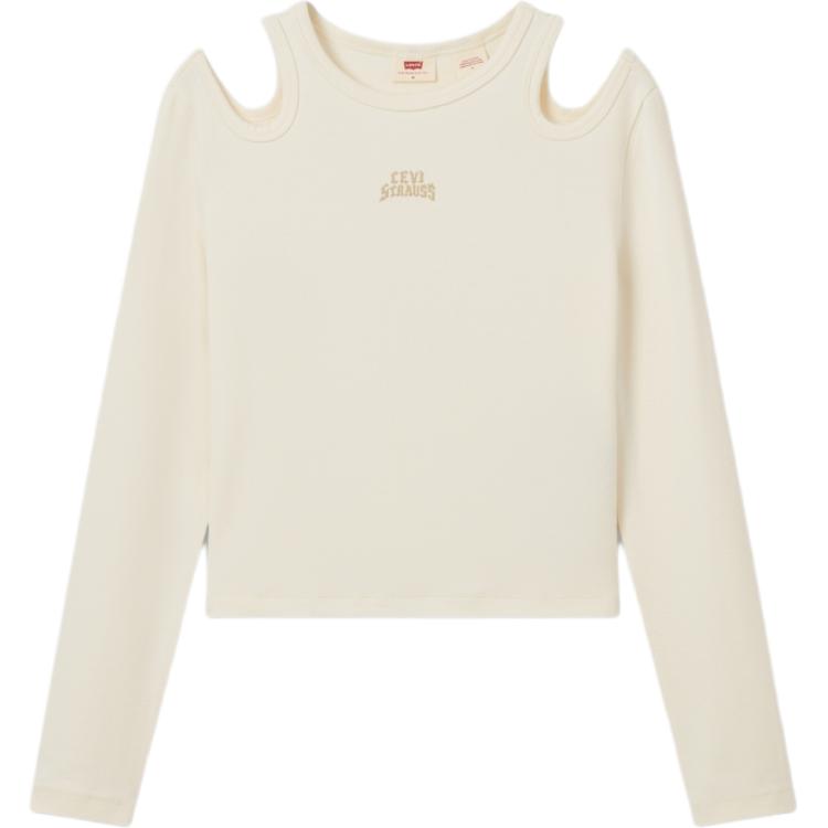 Levis Soft Slim Fit Casual Knit Off Shoulder Ribbed Round Neck Long Sleeve T-Shirt Women Tops Beige 002YO-0000