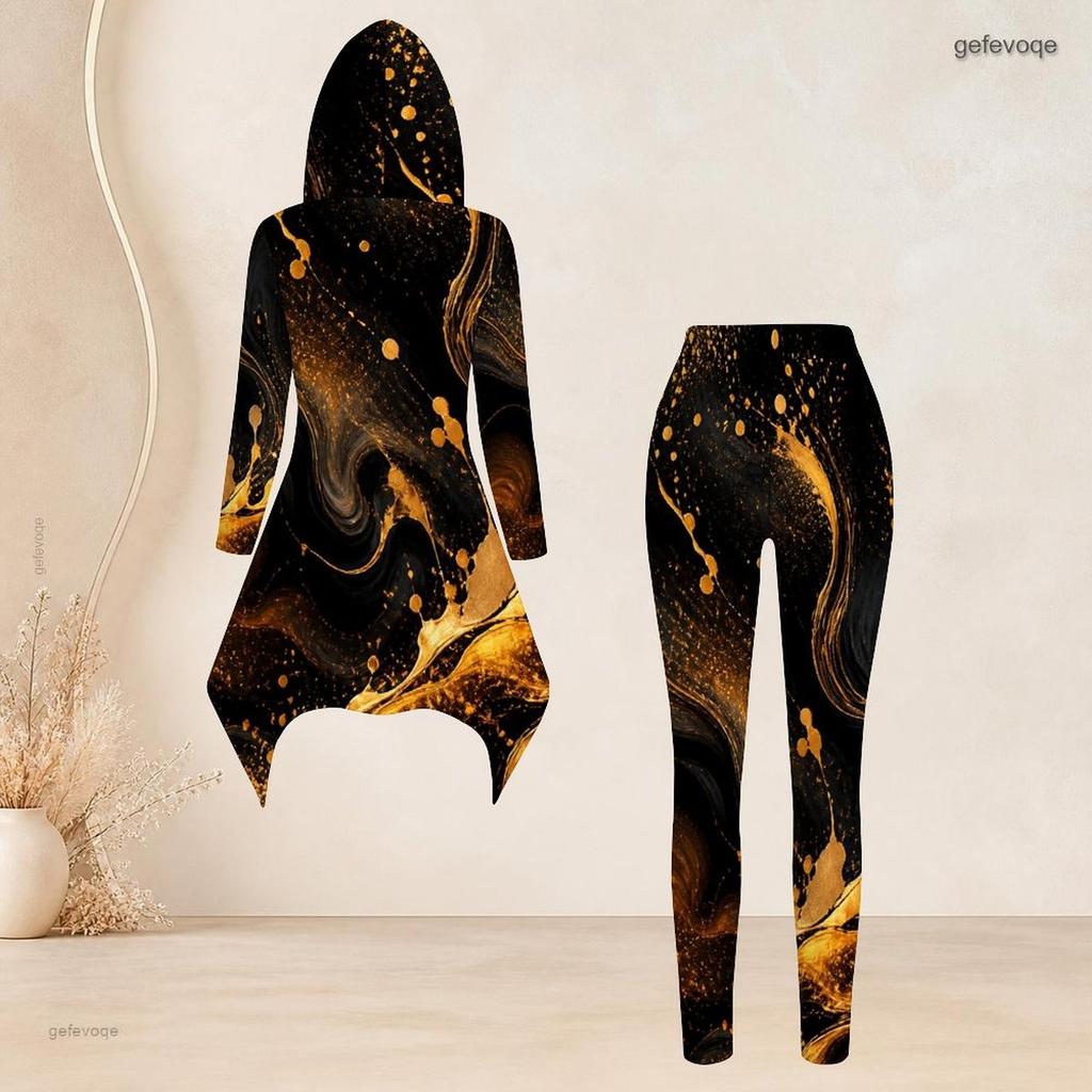 Women Plus Size Tie Dye Printed Hooded Long Sleeve High Low Top And Fitted Pants Two Piece Set