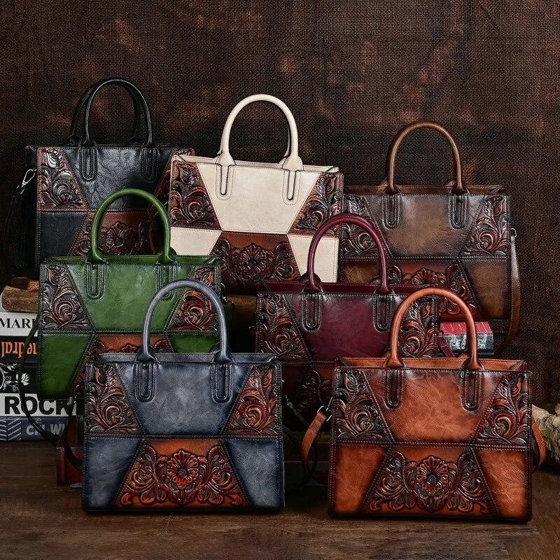 Johnature Retro Embossed Spliced Women's Leather Bag Large Capacity Versatile Shoulder Crossbody Bags