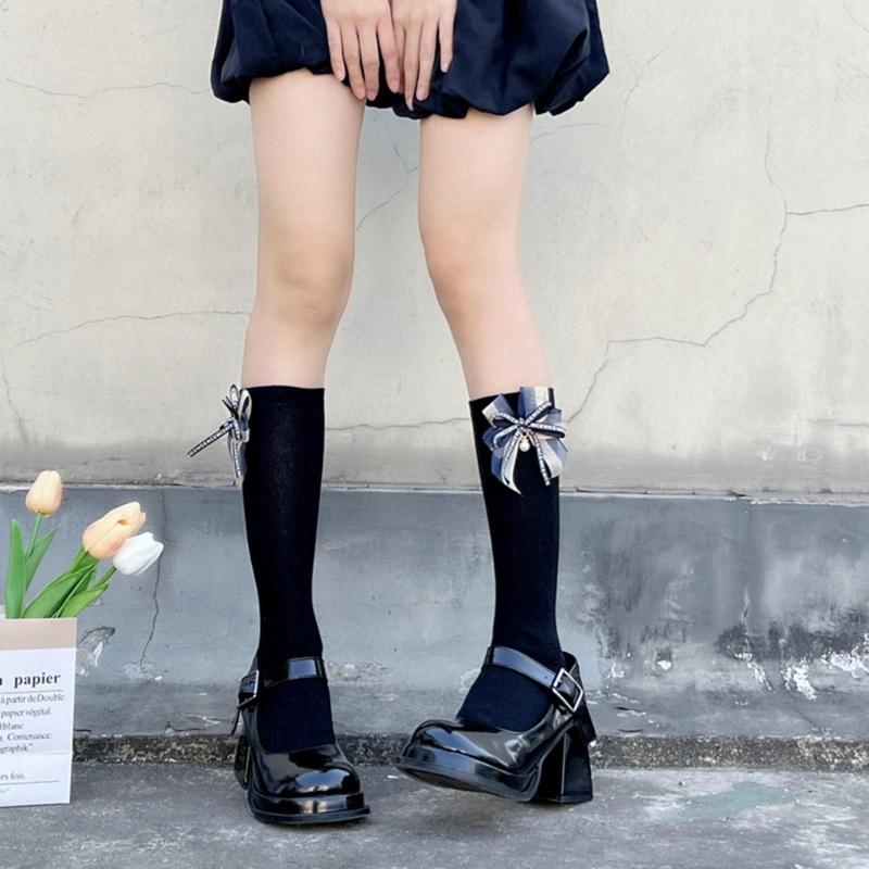 1 Pair Princess Style Dress Socks for Girl Calf Tube Frilly Socks Ballet Socks Ruffle Calf Socks with Bows Lace Top Sock