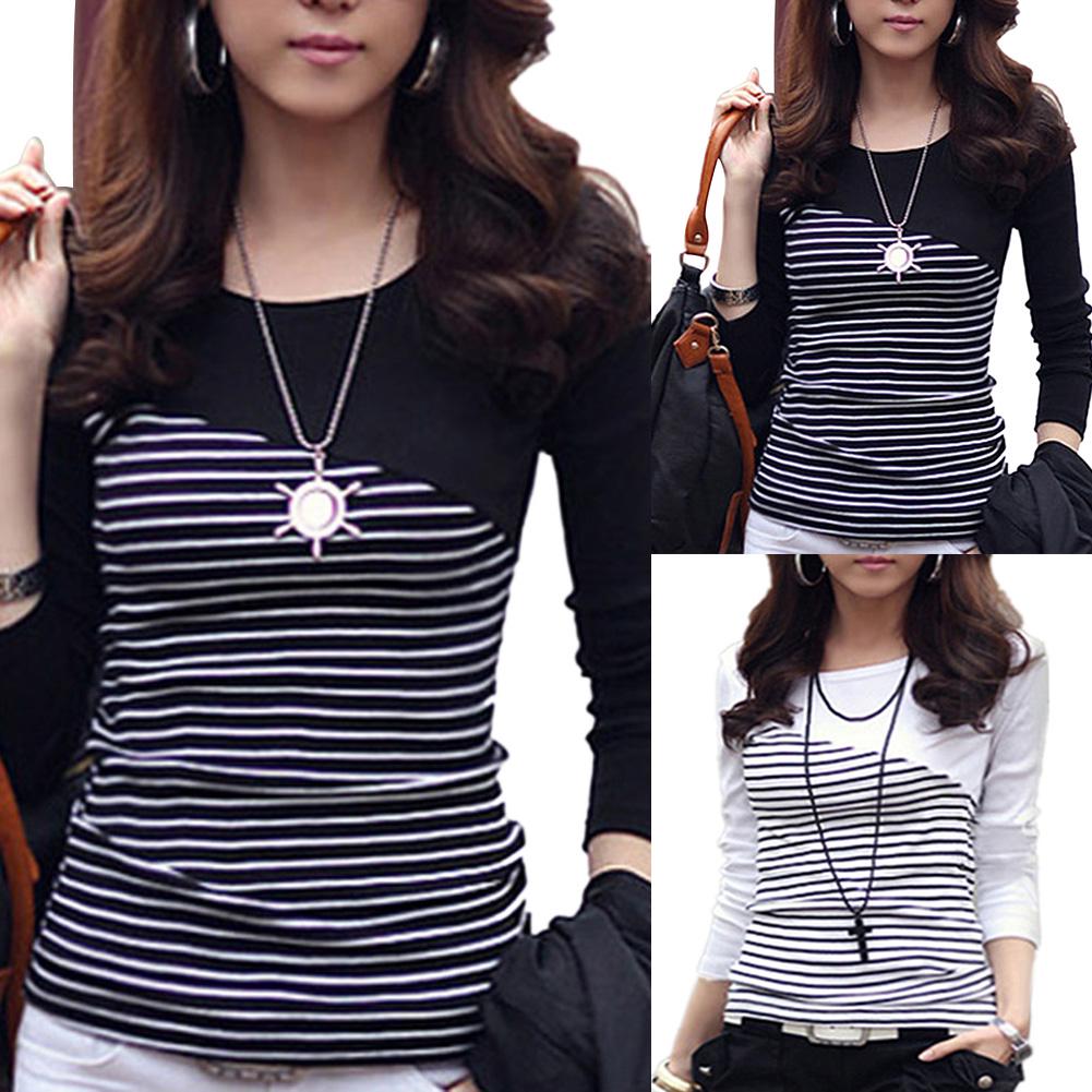 Global Selling Women Stripe Print Long Sleeve Round Neck T-Shirt Slim Fit Top