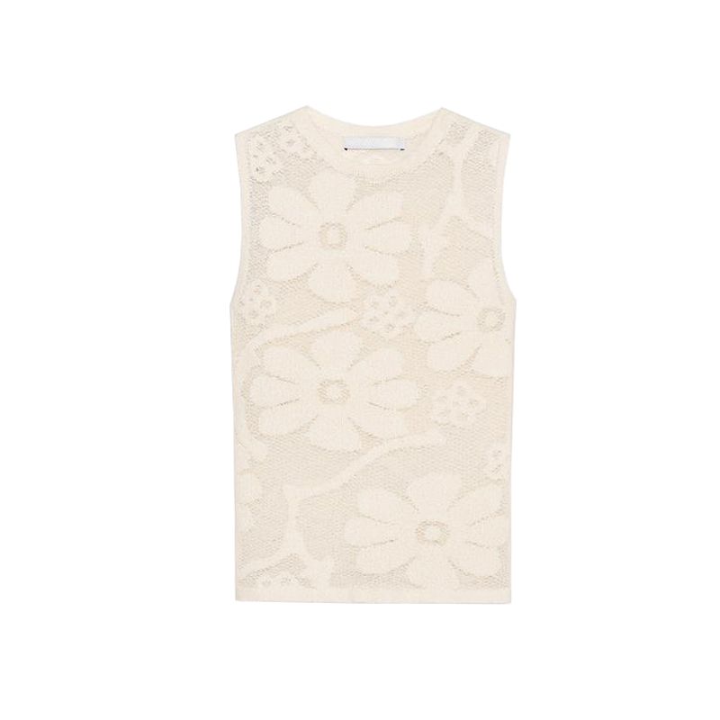 Spring and Summer New Women's Clothing Minimalist Flower Print Texture Round Neck Sleeveless Knitwear Tops 0234003